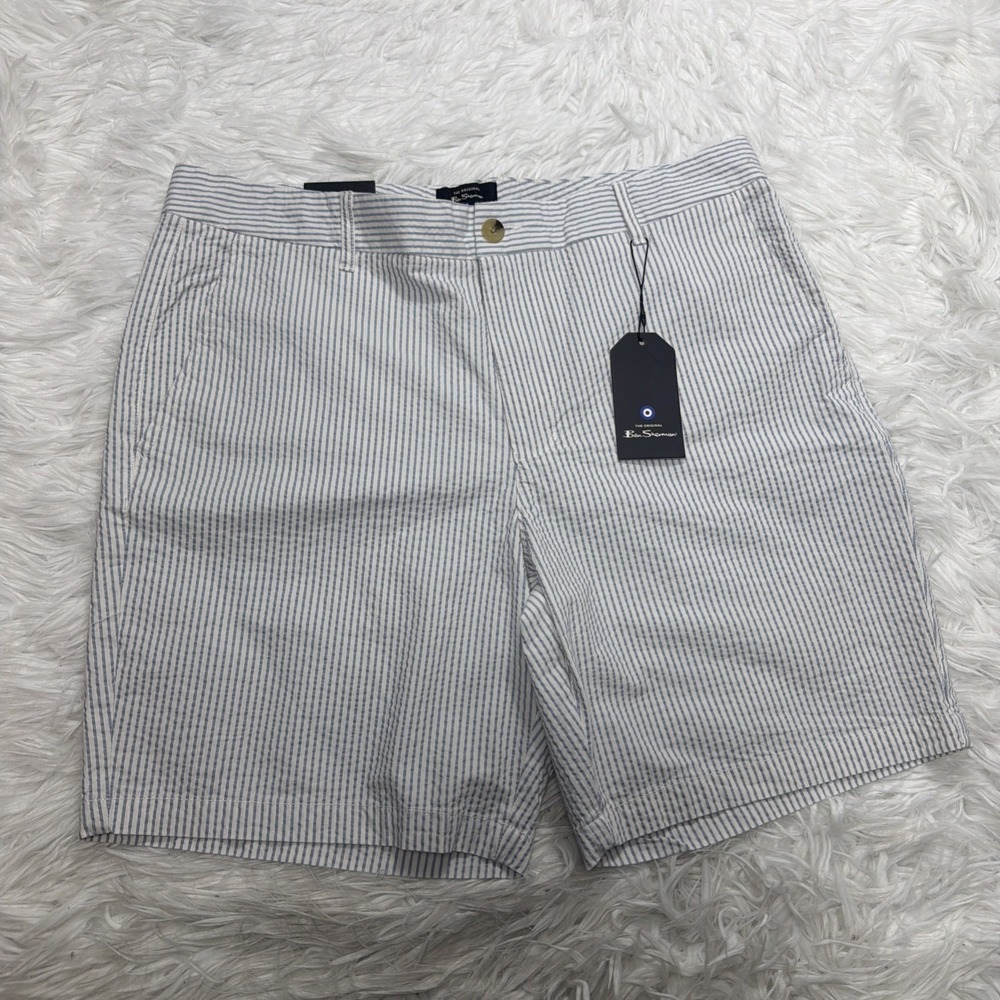 Ben Sherman Seersucker Shorts Mens 34 Blue White Vert Striped Classic 8" New!